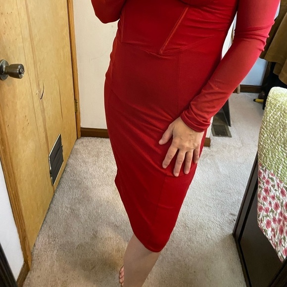 NWT Rosedress Red Corset Top Mesh Long Sleeve Midi Dress - Picture 10 of 13